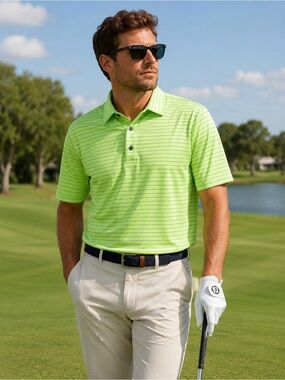 FootJoy Golf Polo Shirt Mens M Lime‎ Green Striped Athletic Stretch Performance